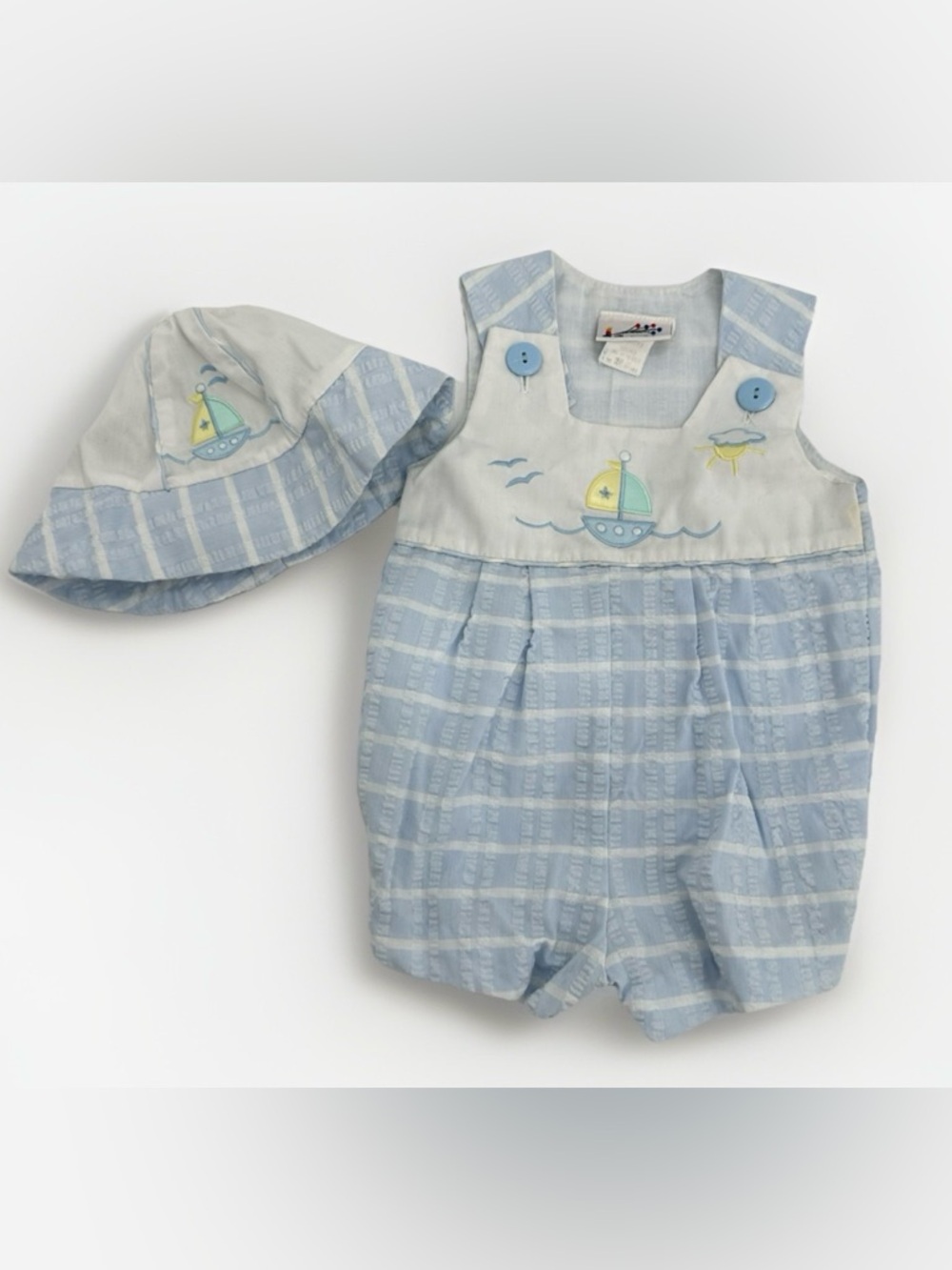 Vintage Baby Togs Sailboat Romper & Hat Set Blue 6-9 Months Nautical